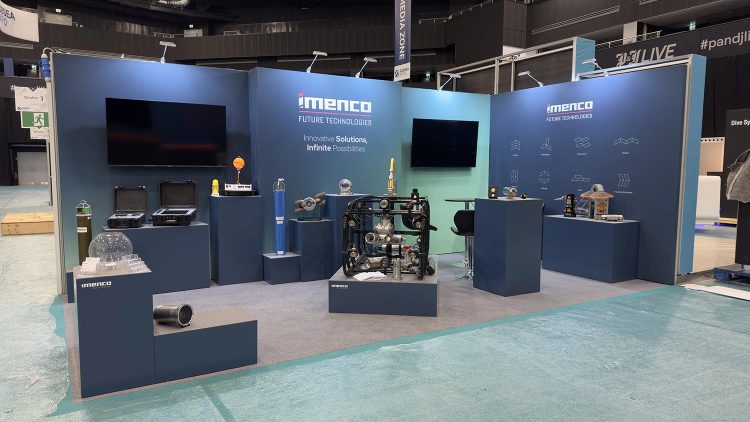Exhibition stand installation, including product displays, media and lighting