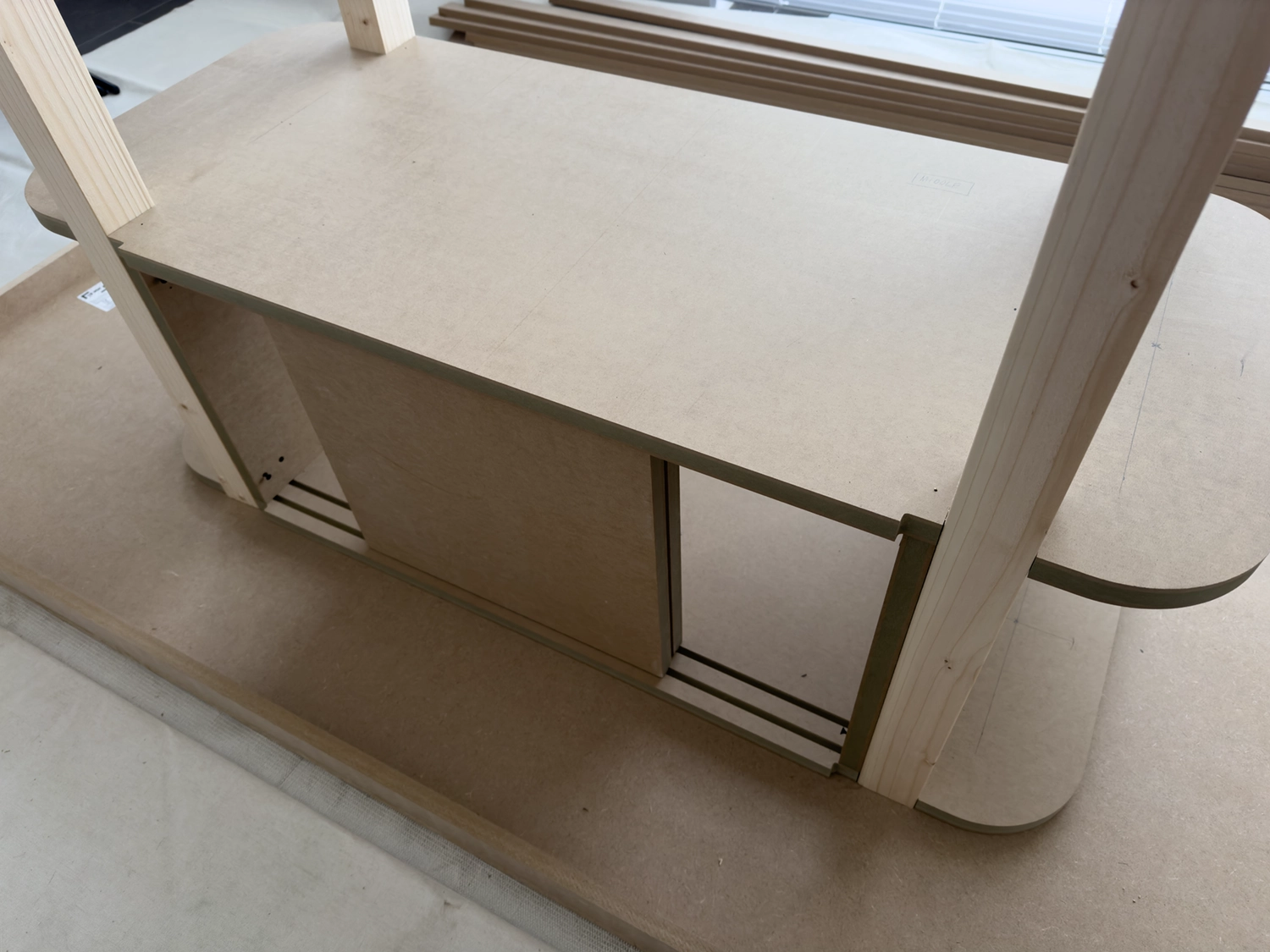 Display cabinet assembly of CNC cut MDF